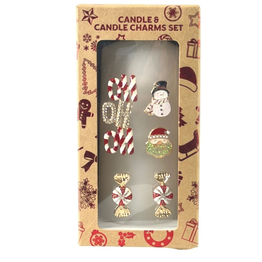 Holiday Christmas Candle with Charms Set Santa Snowman‎ Peppermint Candy Cane